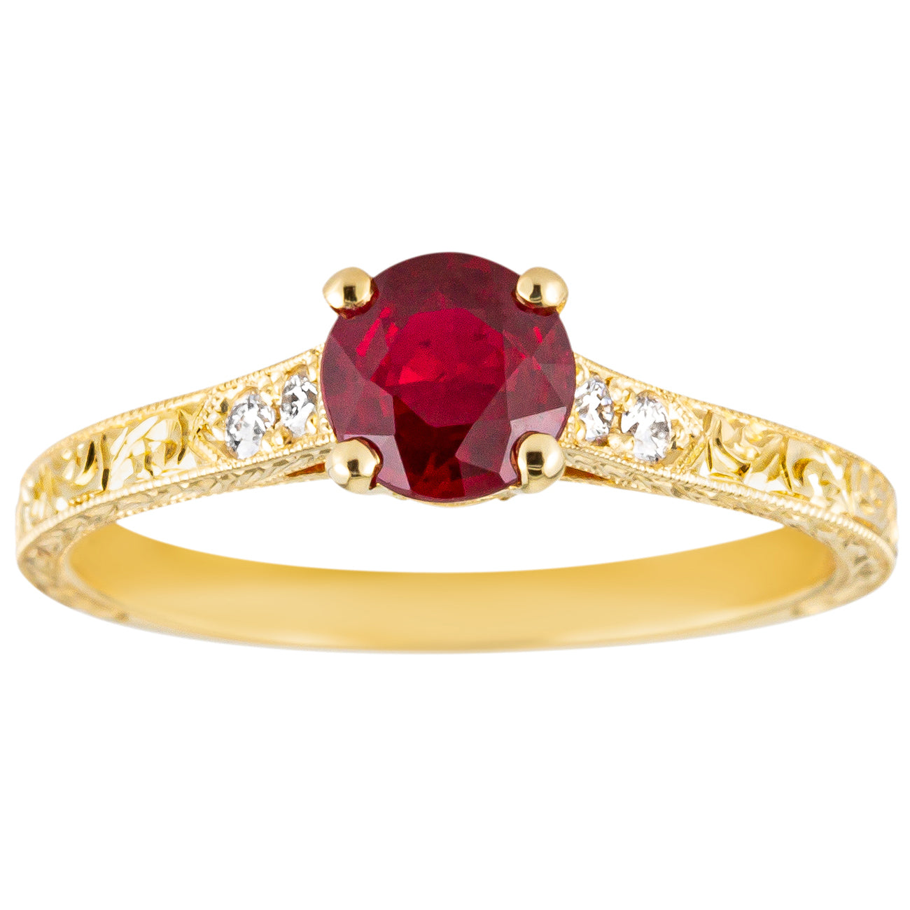 Engraved Ruby Ring in 18ct Yellow Gold with Diamond Shoulders