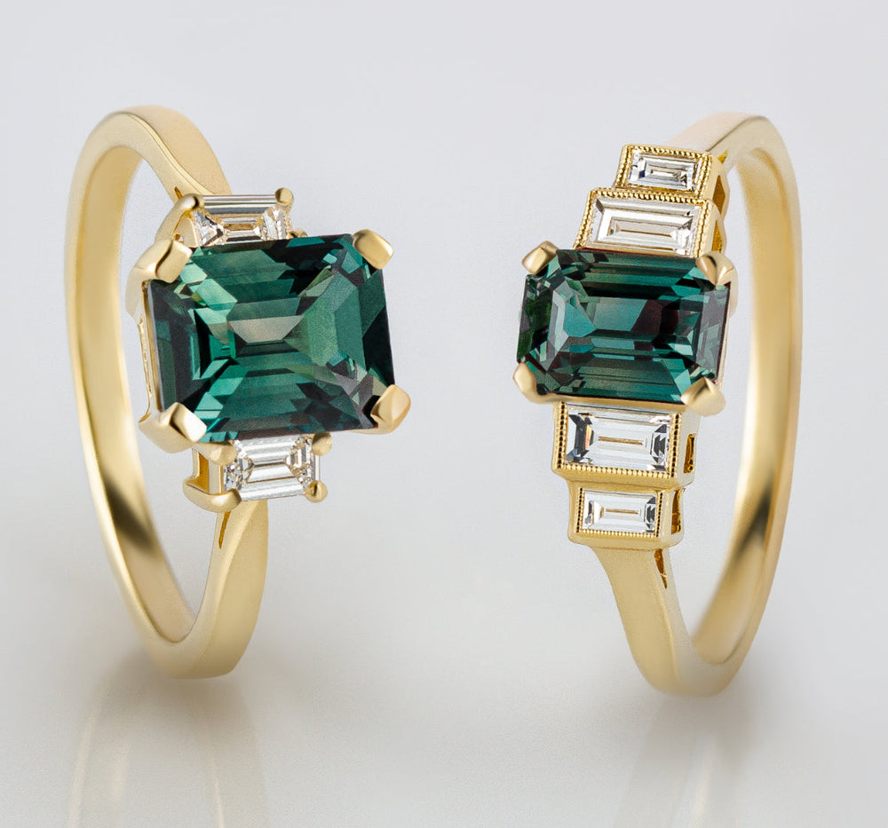 Green and teal sapphire engagement rings