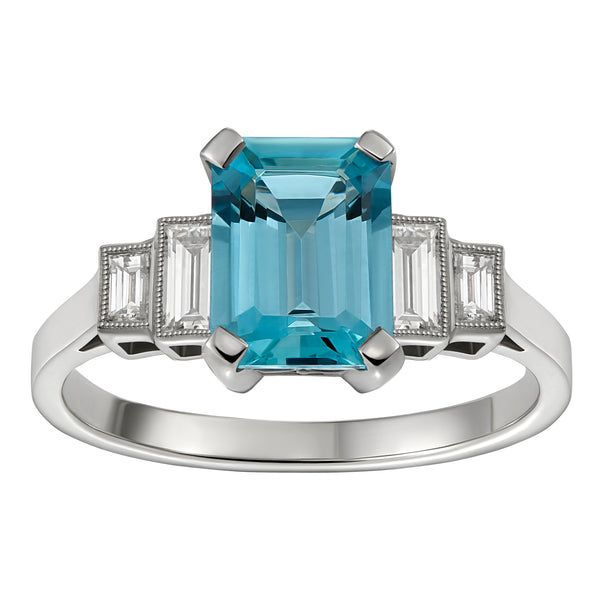 Large 1930s Style Aquamarine and Diamond Ring in Platinum