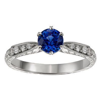 Engraved Sapphire Engagement Ring in Platinum