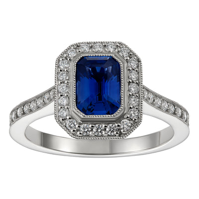 Emerald Cut Blue Sapphire Cluster Ring in Platinum