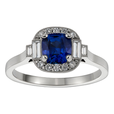 Cushion Sapphire and Diamond Platinum Ring with Baguettes