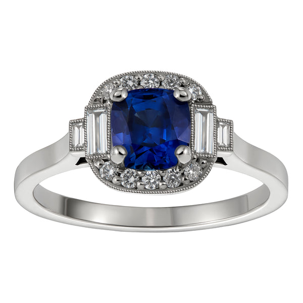 Cushion Sapphire and Diamond Platinum Ring with Baguettes