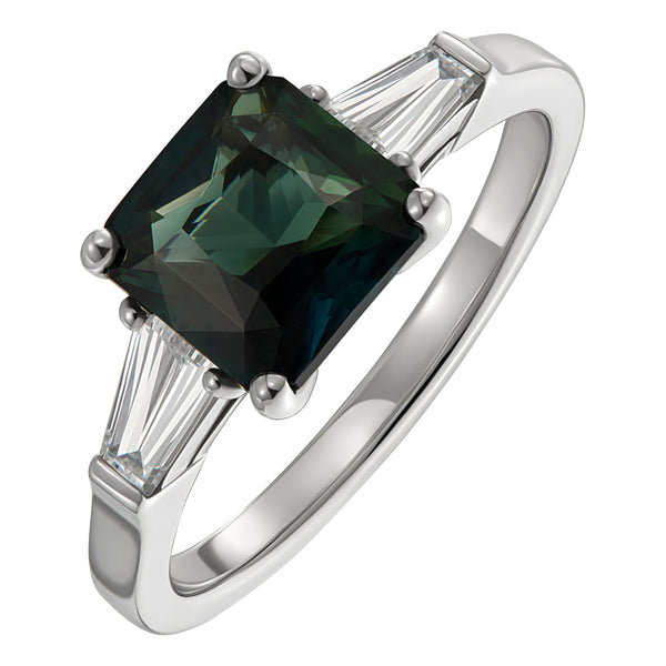 Teal Sapphire and Tapered Baguette Diamond Ring