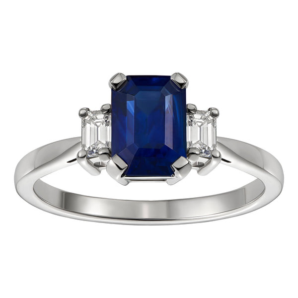 Emerald Cut Sapphire and Diamond Three Stone Ring