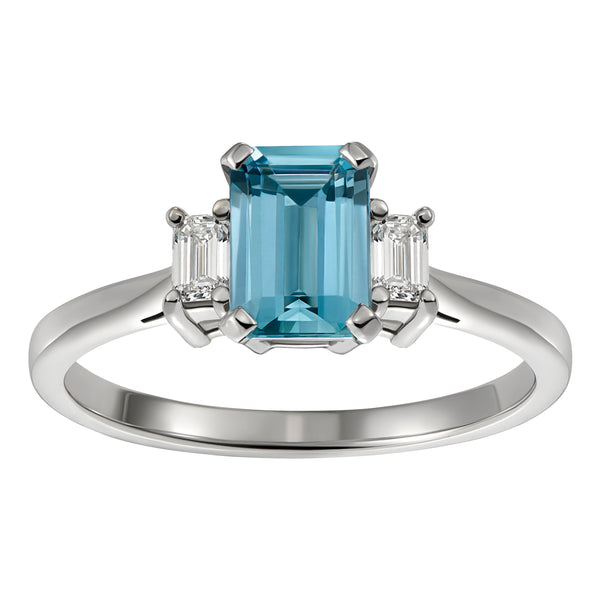 Three Stone Aquamarine and Diamond Engagement Ring