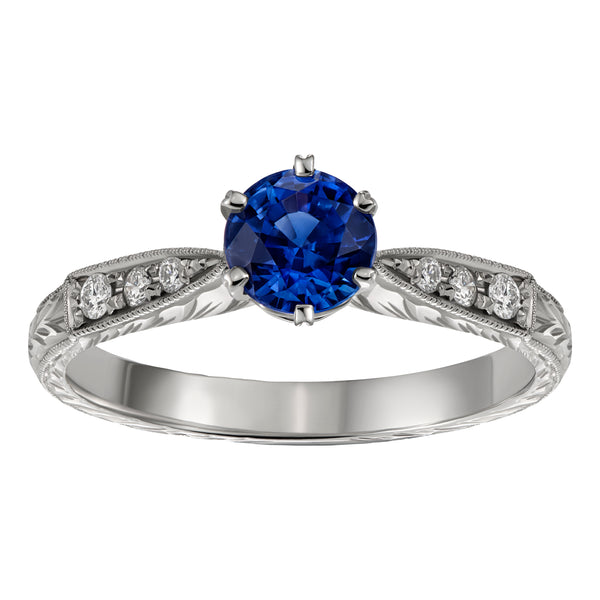 Engraved Sapphire Engagement Ring in Platinum