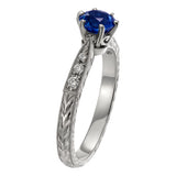 Sapphire and Platinum Engraved Engagement Ring 