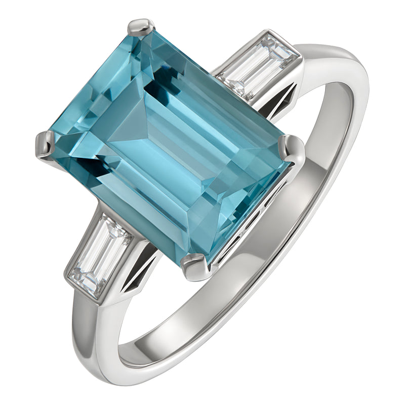 Art Deco Inspired Aquamarine and Diamond Platinum Ring 