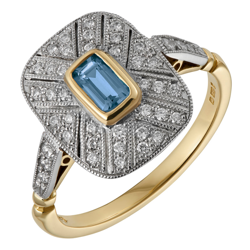 Art Deco aquamarine ring with two tone platinum and gold