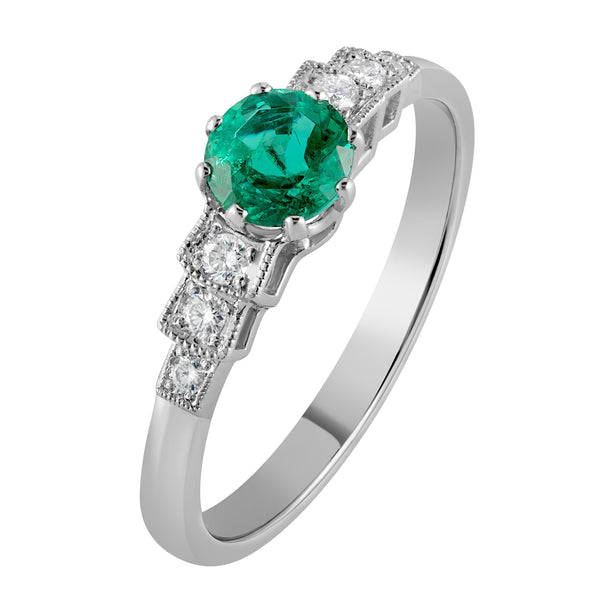 Art Deco emerald and diamond engagement ring in platinum