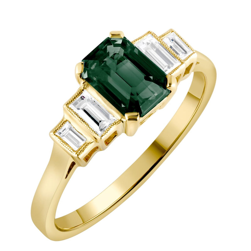 Art Deco Inspired Green Sapphire and Diamond Yellow Gold Engagement Ring