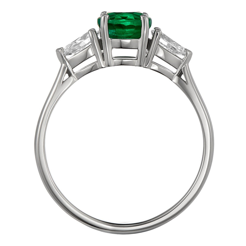 Art Deco round emerald ring with pear shaped diamond trilogy design