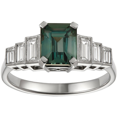 Art Deco seven stone teal sapphire engagement ring with diamond baguettes