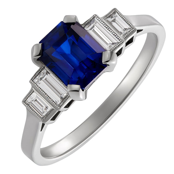 Blue sapphire and baguette diamond engagement ring