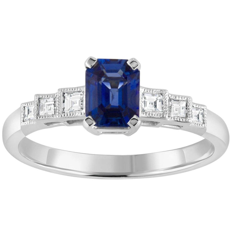 Blue Sapphire and Diamond Art Deco Inspired Platinum Ring