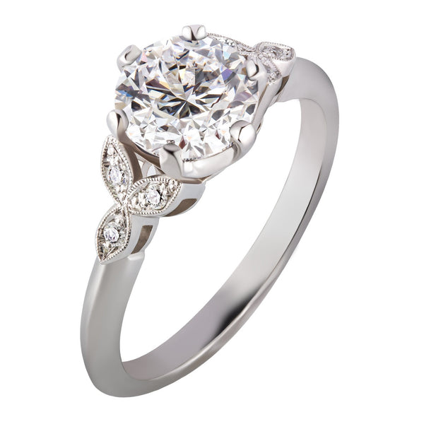 Edwardian lab grown diamond ring with floral leaves in platinum