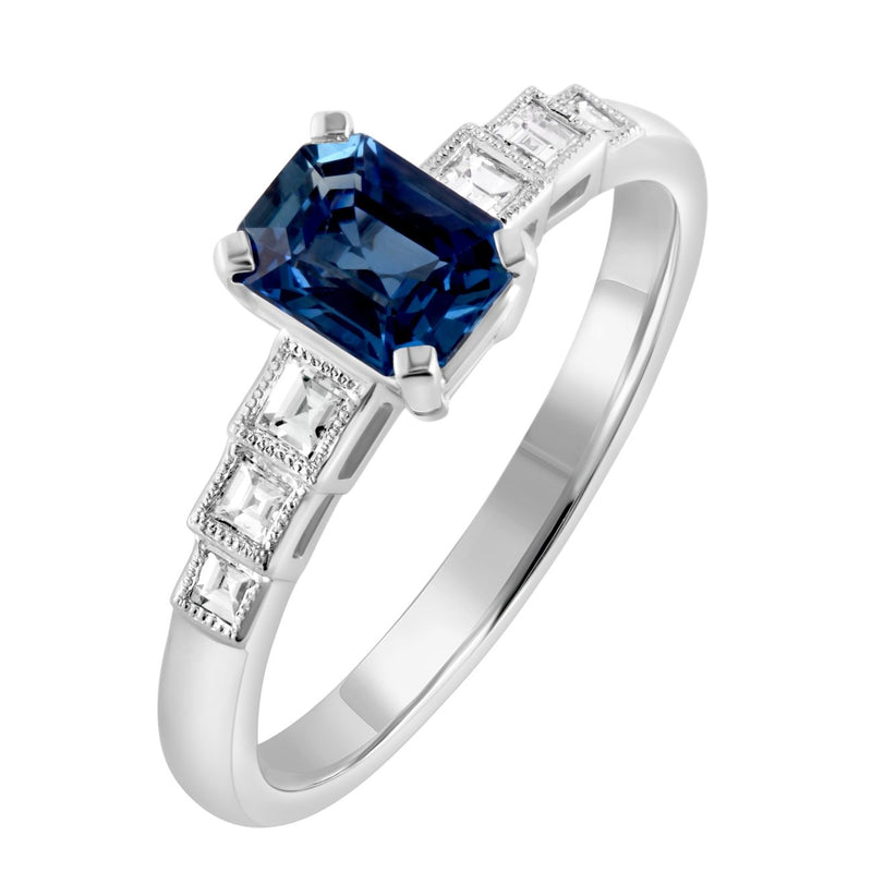 Emerald Cut Sapphire and Diamond with Millegrain detail in Platinum Engagement Ring