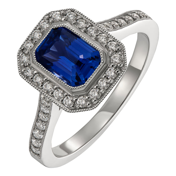 Emerald Cut Sapphire and Diamond Platinum Ring 