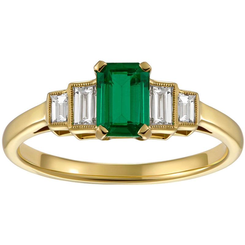 Emerald engagement ring with baguette diamonds with yellow gold band