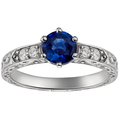 Engraved round sapphire ring with diamonds in platinum