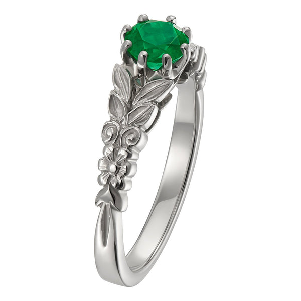 Flower and leaf engraved emerald engagement ring