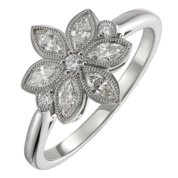 Flower Diamond Ring in an Edwardian style set in Platinum