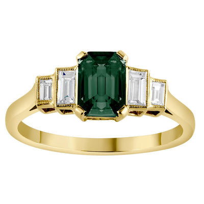 Green Sapphire and Diamond Yellow Gold Engagement Ring