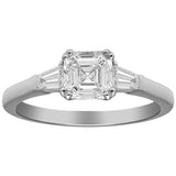 Lab grown asscher cut diamond ring with tapered baguettes in platinum