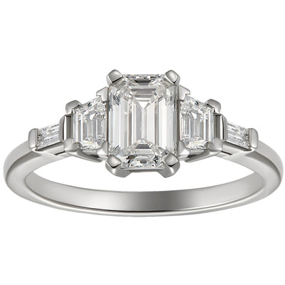 Lab grown emerald cut diamond engagement ring with baguette and trapezoid side stones