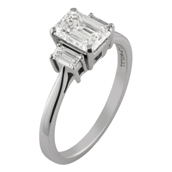 Lab grown emerald cut diamond three stone ring UK