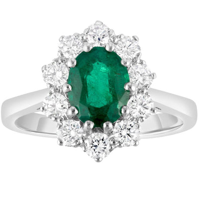 Oval Emerald in a Diamond Cluster set in Platinum Engagement Ring