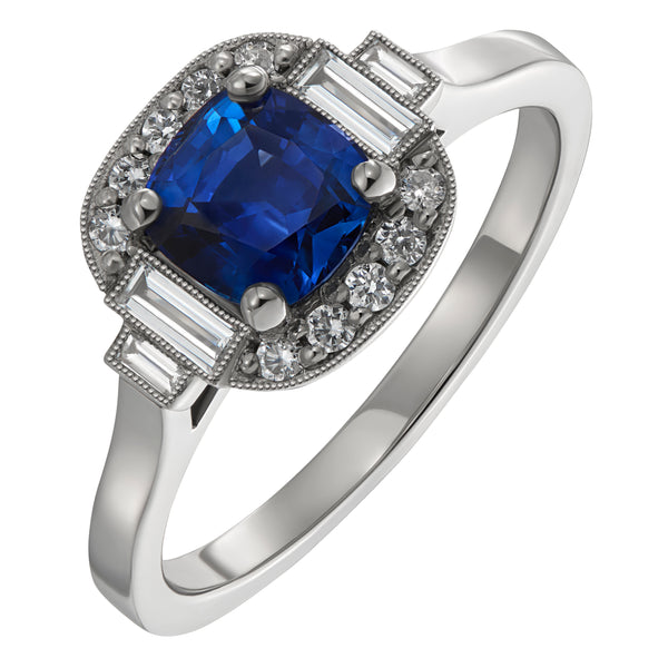 Sapphire and Diamond Cluster Engagement Ring in Platinum