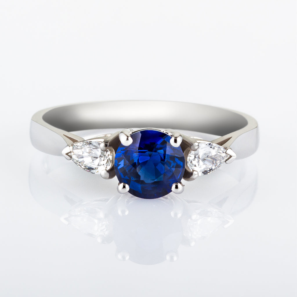 Sapphire & Pear Shape Diamond Three Stone Ring | London Victorian Ring ...