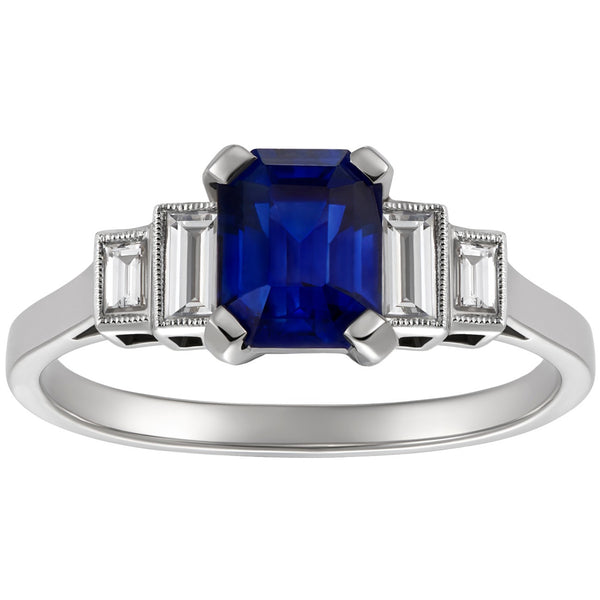 Sapphire and diamond five stone engagement ring in platinum