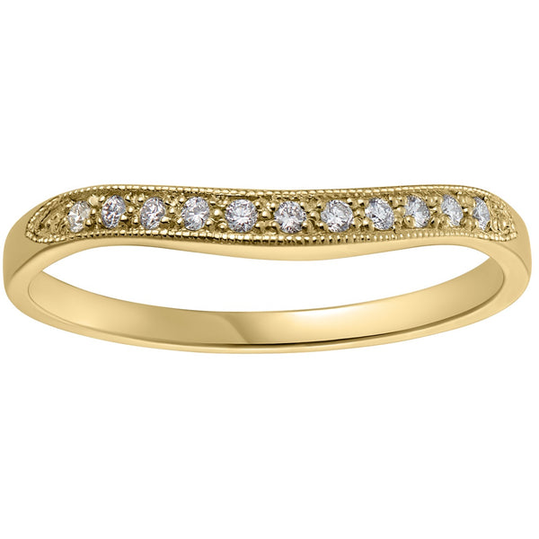 Shaped and curved diamond wedding ring in yellow gold