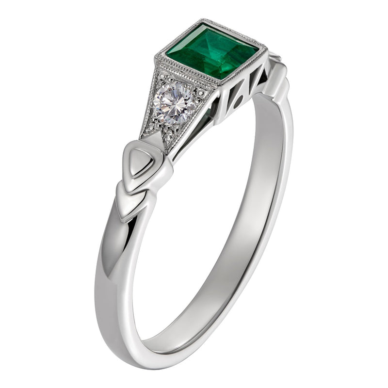 Square emerald and diamond engagement ring with Art Deco triangle pattern