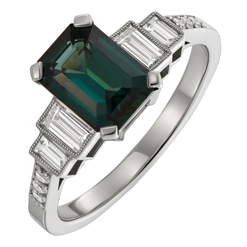 Teal Sapphire Art Deco Inspired Engagement Ring in Platinum