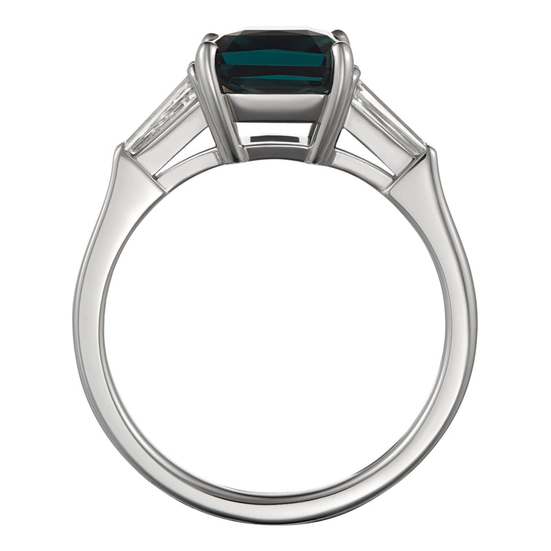 Teal Sapphire with Tapered Diamonds Platinum Ring