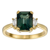 Three Stone Green Sapphire and Diamond Yellow Gold Ring