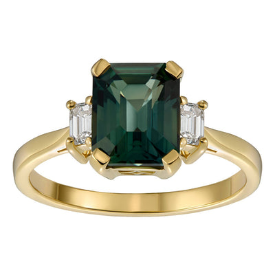 Three Stone Green Sapphire and Diamond Yellow Gold Ring