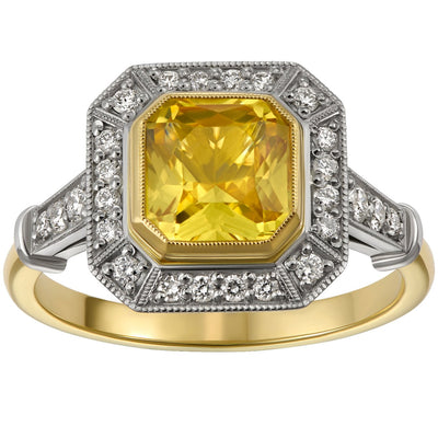 Two tone yellow sapphire Art Deco cluster ring with diamond halo