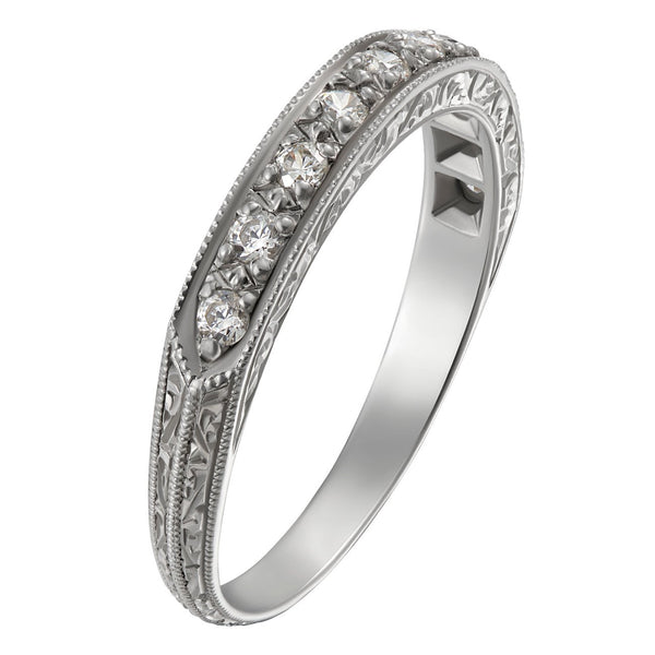 Unique diamond wedding band with scroll engraving