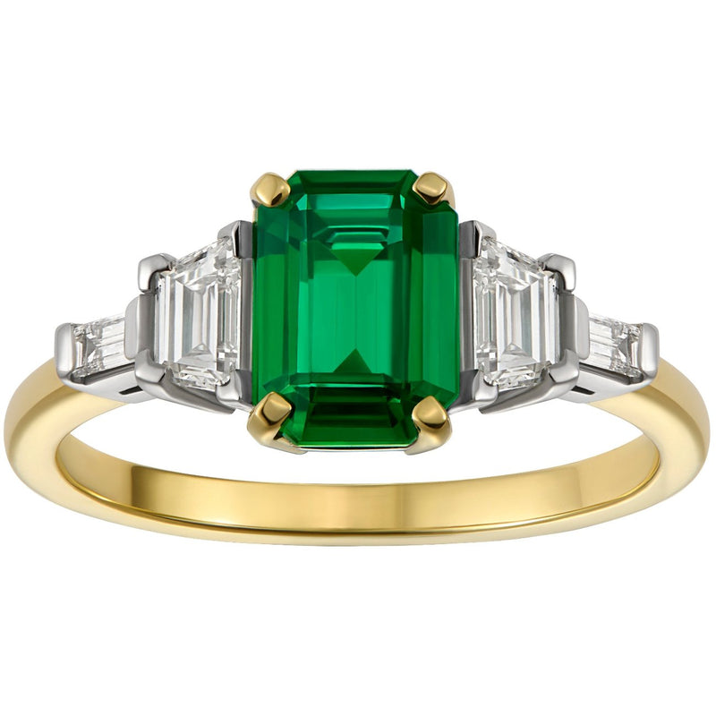 Vintage emerald and diamond engagement ring with platinum claws and yellow gold band