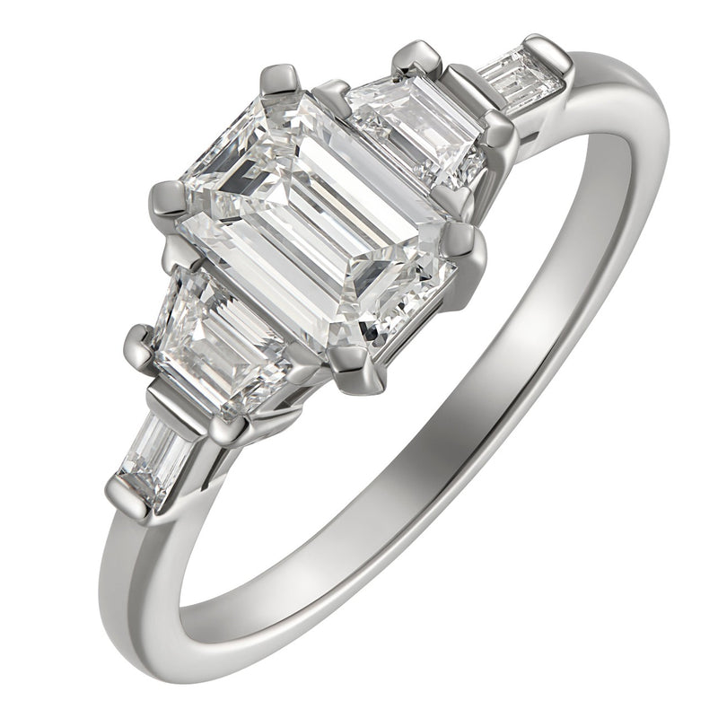 Vintage lab grown emerald cut baguette and trapezoid lab grown diamond five stone ring