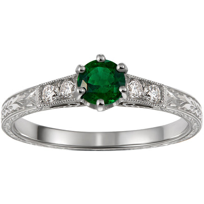 Vintage round emerald and diamond engraved engagement ring