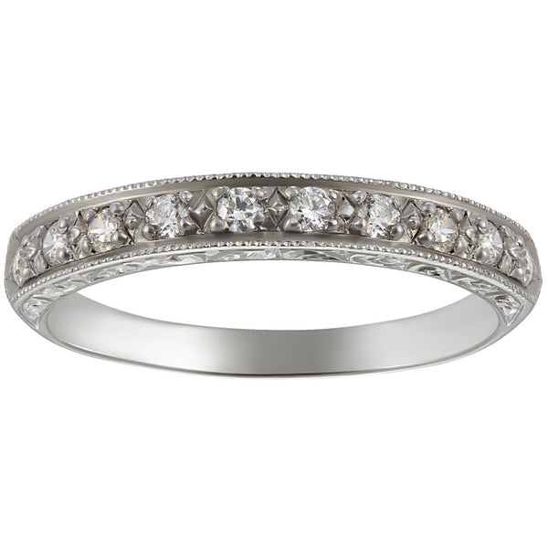 Vintage style engraved diamond ring in platinum