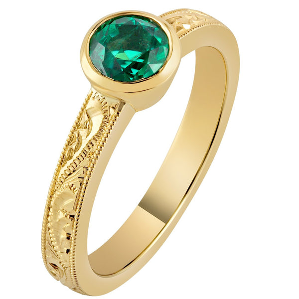 Yellow Gold Hand Engraved Emerald Set Engagement Ring 