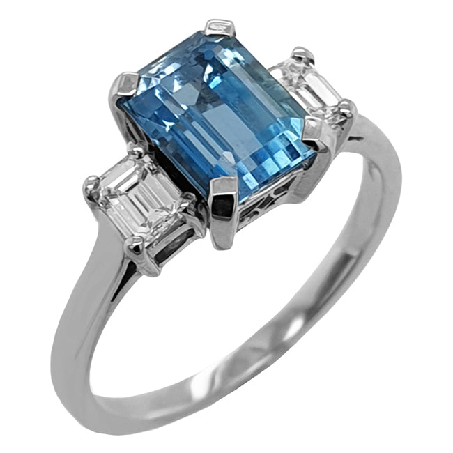 Emerald-cut Aquamarine and Diamond Trilogy Ring in Art Deco Style – The ...