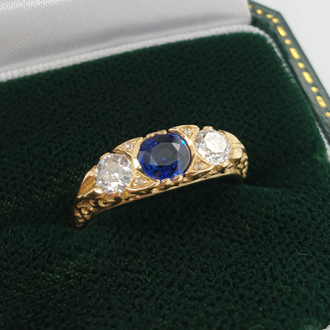 Victorian Antique Style Sapphire & Diamond Carved Half Hoop Ring – The ...